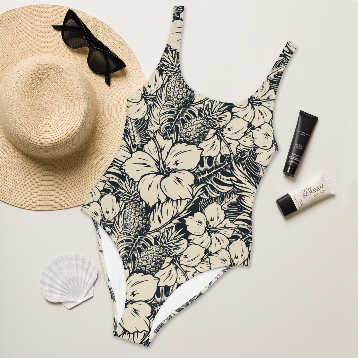 BLACK HIBISCUS ONE-PIECE SWIMSUIT
